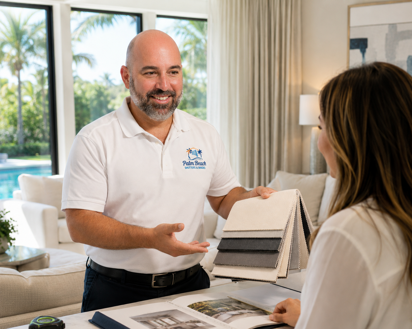 Antonio Dicembrino consulting with a Palm Beach County homeowner about custom window treatments