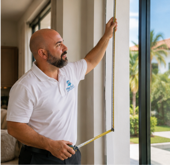 Antonio Dicembrino measuring a Palm Beach County window for custom treatments